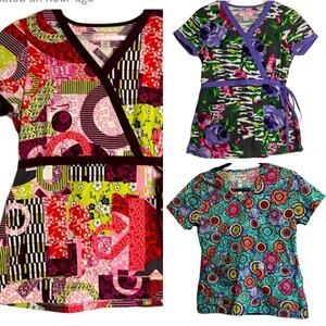 Lot of 2 Koi Kathy Peterson XS vneck scrub tops +1 Peaches scrub top, all cotton